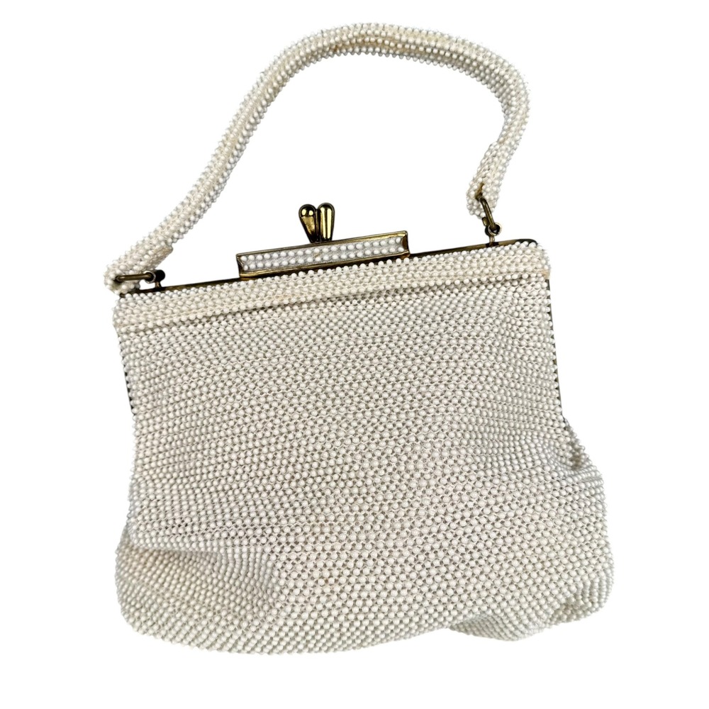 Lumured Vintage Beaded Handbag Ivory White Made in Italy‎ Kiss Lock Evening Bag